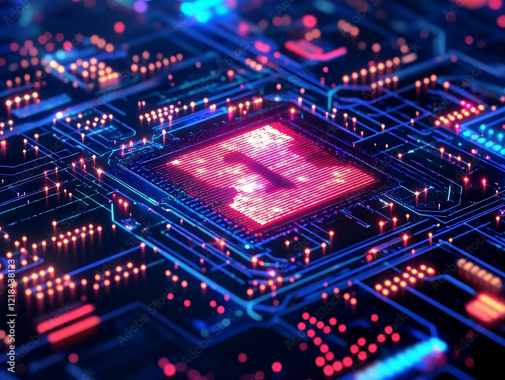 Obraz premium Futuristic Microchip Representing AI and Big Data Processing with Digital Circuitry and Glowing Elements