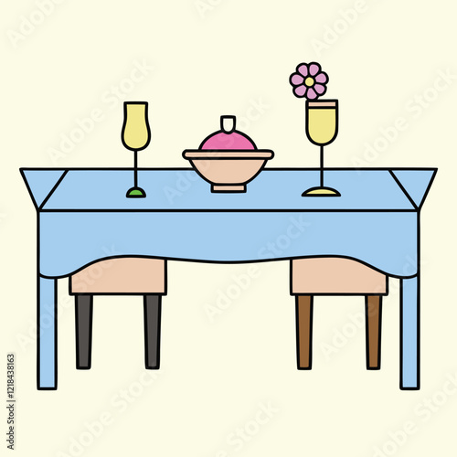 Simple Line Drawing of a Round Dining Table with Decor