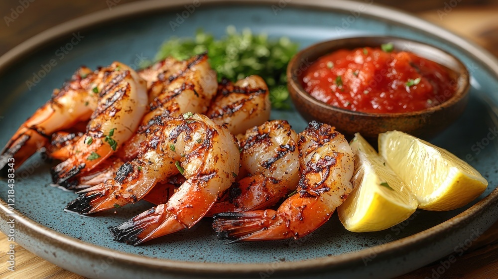 Grilled shrimp with sauce, lemon wedges on plate; foliage in soft focus for menu Grilled shrimp with sauce, lemon wedges on plate; foliage in soft focus for menu