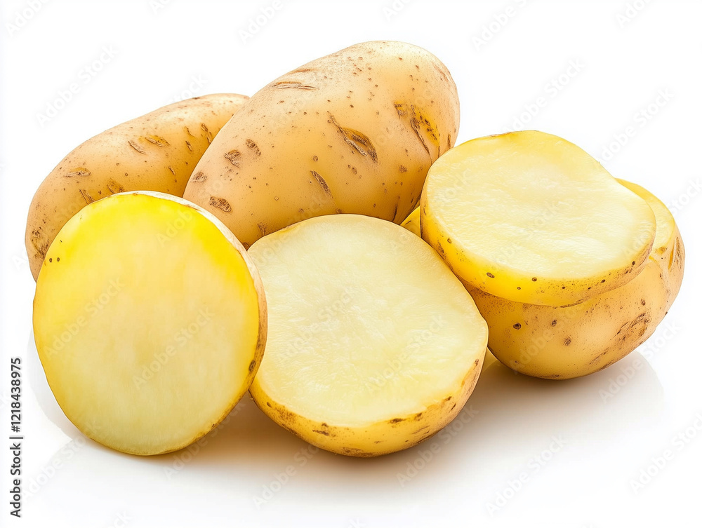 Freshly Harvested Yellow Potatoes Arranged With Some Sliced in Half, Showcasing Texture and Color in a Bright Setting Freshly Harvested Yellow Potatoes Arranged With Some Sliced in Half, Showcasing Texture and Color in a Bright Setting