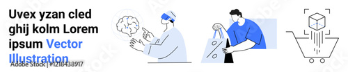 Person using VR headset creating brain model, individual carrying shopping bags, and 3D cube projection into shopping cart. Ideal for virtual reality, online shopping, augmented reality, innovation