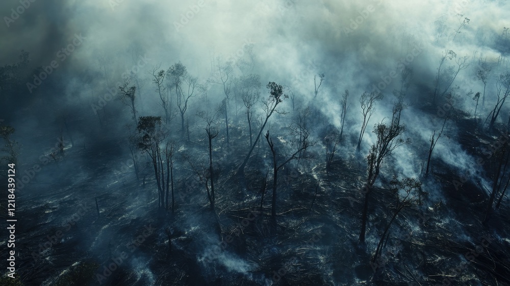 Fototapeta premium Devastation Unveiled: A poignant capture of a forest engulfed in flames, with smoke obscuring the sky and scorched earth as silent testament to nature's fury.