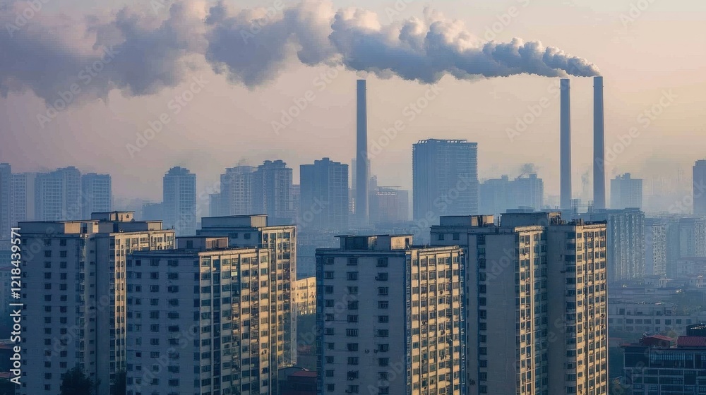 Urban Air Pollution: A stark illustration of urban pollution, with dense residential buildings under a hazy sky, chimneys emitting smoke. Urban Air Pollution: A stark illustration of urban pollution, with dense residential buildings under a hazy sky, chimneys emitting smoke.