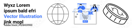 A globe, online shopping on a laptop with people, currency coin. Ideal for online shopping, global business, ecommerce, fintech, technology communication financial services. Landing page