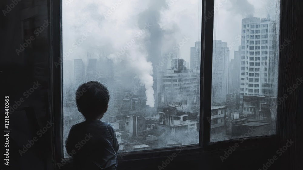 A Child's View: A solitary child gazes out a window at a dystopian cityscape shrouded in smoke, evoking a sense of isolation, concern, and uncertainty. A Child's View: A solitary child gazes out a window at a dystopian cityscape shrouded in smoke, evoking a sense of isolation, concern, and uncertainty.