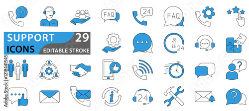 Support icon set. Containing customer satisfied, assistance, experience, feedback, operator and technical support icons. Icon collection.