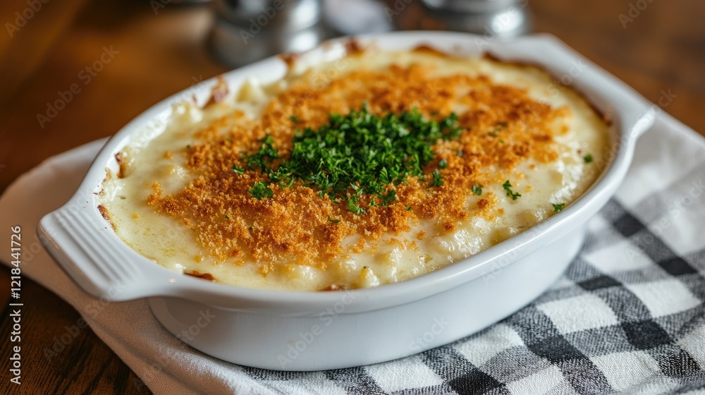 Creamy macaroni and cheese topped with golden breadcrumbs and parsley in a white dish, placed on a linen napkin. Creamy macaroni and cheese topped with golden breadcrumbs and parsley in a white dish, placed on a linen napkin.