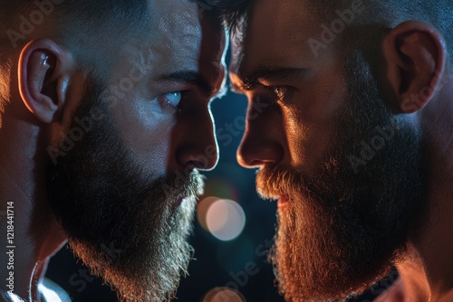 Men with beards engaged in intense stare down against a dark background, showcasing focus, determination, and strength in a competitive atmosphere. photo