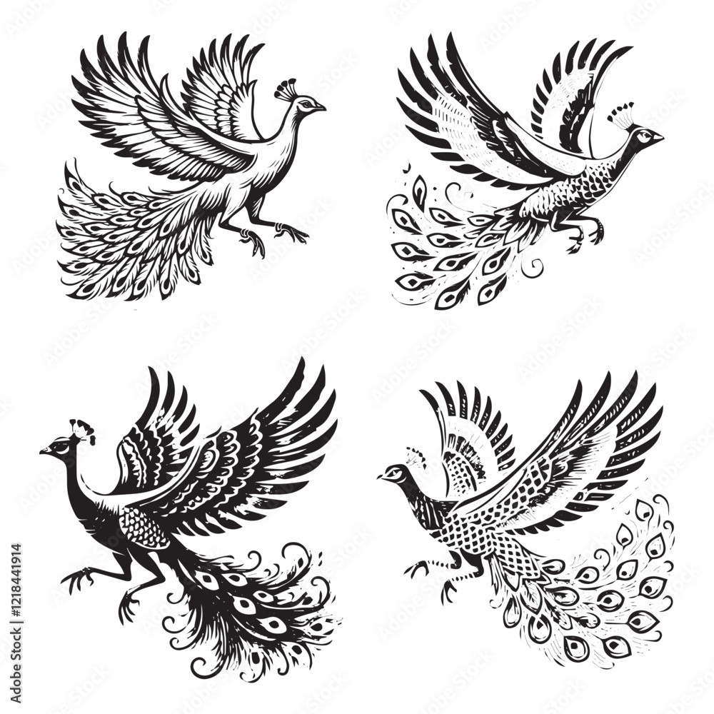 Obraz premium Vector Silhouette of a Flying Indian Peafowl Isolated on White Background