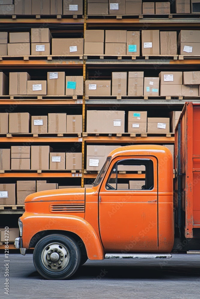 Fototapeta premium Orange delivery truck parked near warehouse shelves filled with cardboard boxes, showcasing logistics, shipping operations, and efficient inventory management in retail.