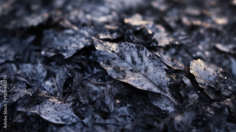 Eerie Charcoal Leaves: A close-up shot of a pile of charcoal leaves, with details highlighted, creating a scene of natural decay with a touch of mystery. Eerie Charcoal Leaves: A close-up shot of a pile of charcoal leaves, with details highlighted, creating a scene of natural decay with a touch of mystery.