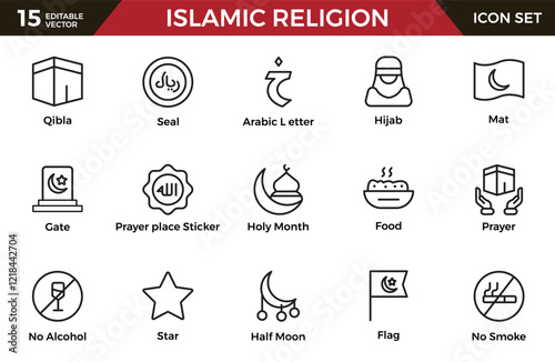 Islamic Icon Set. A beautifully crafted collection of icons reflecting Islamic culture and traditions, educational materials, apps, and websites, and Islamic community.