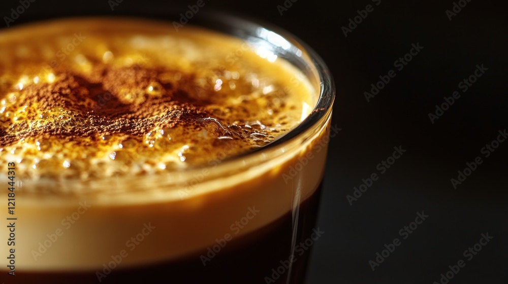 Close-up espresso crema, cocoa powder, dark background, coffee drink Close-up espresso crema, cocoa powder, dark background, coffee drink