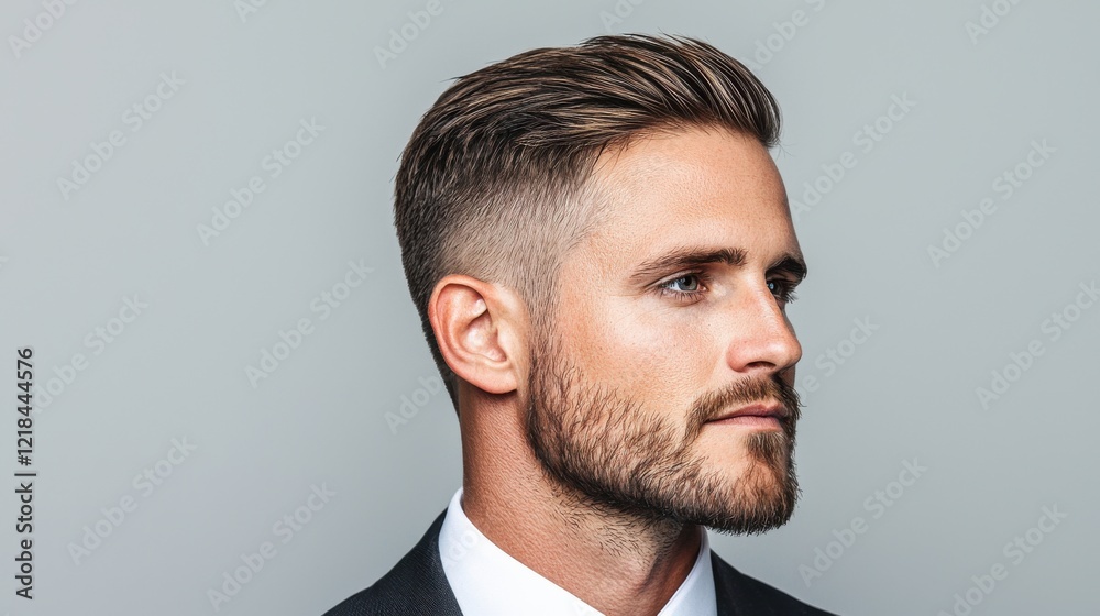 Obraz premium Hairstyle cut elegant concept. Stylish and Confident Man with Textured Hair and Subtle Fade Haircut