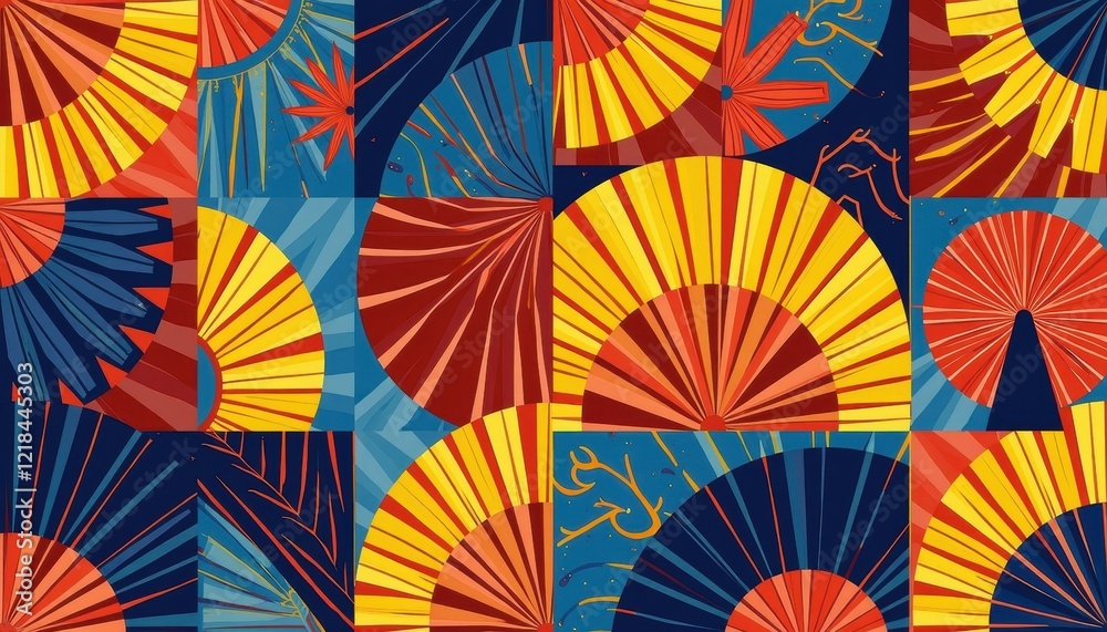 Fototapeta premium Vibrant Retro Painting: Sunburst Art in Red, Yellow, and Blue for Black History Month