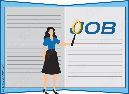 Job seeker, searching for new job, finding new work opportunity, discover vacancy, employment or human resource recruitment, hiring interview concept, businesswoman with magnifying glass finding job