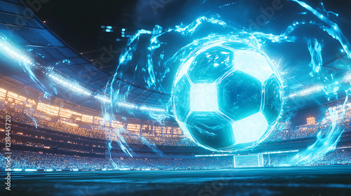 A glowing soccer ball scoring the winning goal in a stadium filled with light. (1)