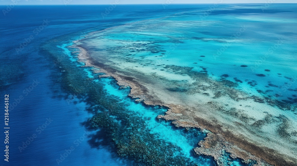 Obraz premium Azure Majesty: Aerial view of a coral reef in the crystal-clear, turquoise waters of a tropical ocean, a celebration of the marine ecosystem's vibrant colors and natural beauty.