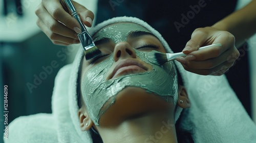 woman is getting her face masked in a beauty salon, while another person is applying a facial mask on the girl's skin with a brush and spoon