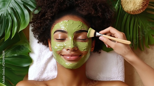 A beautiful Black woman with natural hair is lying on her back in the spa and has a green clay mud mask painted across her face. 