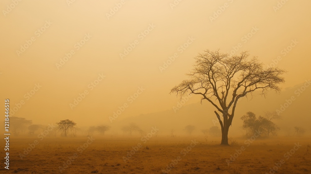 Obraz premium Serene Savannah: A lone tree stands as a silhouette against the hazy, golden expanse of the savanna, evoking a sense of tranquility and the vastness of the wild. 