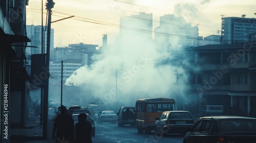 Urban smog: A chilling depiction of an urban street scene overwhelmed by dense smog, highlighting air pollution and its impact on city life, creating a feeling of suffocation and concern