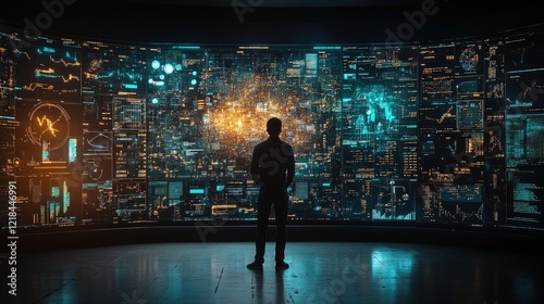 A man stands in front of an immersive screen showing data and charts, with a futuristic cityscape in the background in a dark room.