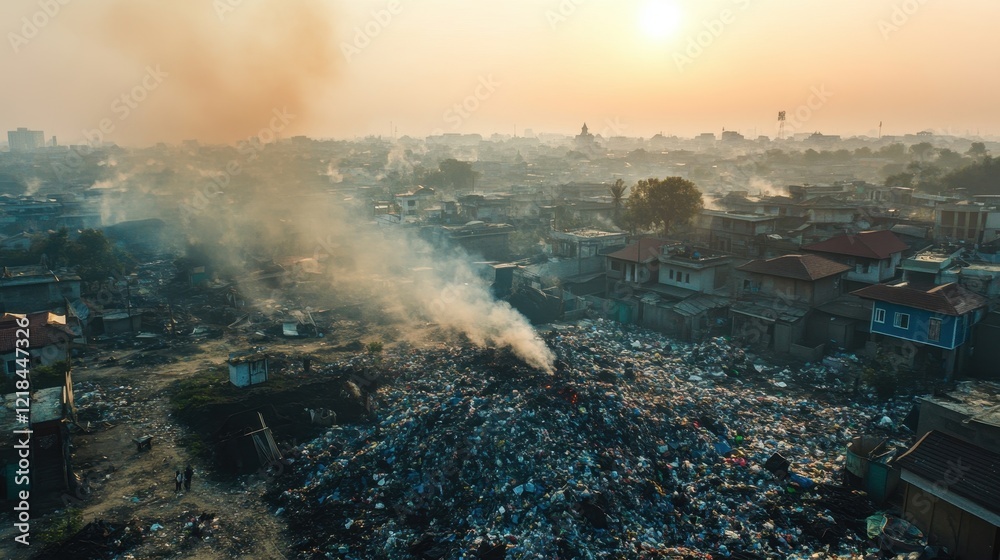 Fototapeta premium Grim Cityscape: An elevated shot captures the devastating effects of waste and pollution, with a dense city sprawled beneath a haze of smoke under the somber glow of the sun.