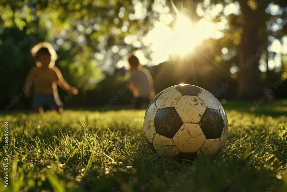 Soccer ball on grassy field with children playing in park during sunny day, enjoying outdoor activity, childhood memories, sports and family fun together. Soccer ball on grassy field with children playing in park during sunny day, enjoying outdoor activity, childhood memories, sports and family fun together.