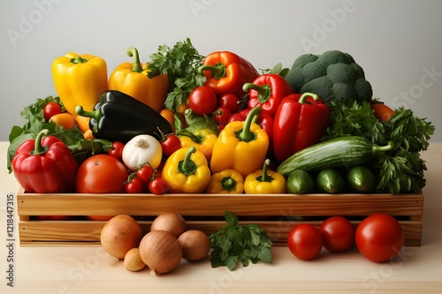 A wooden box filled with fresh vegetables and fruits like apples, tomatoes, and cucumbers, placed on a table with a white background, capturing the essence of a food delivery concept. photo