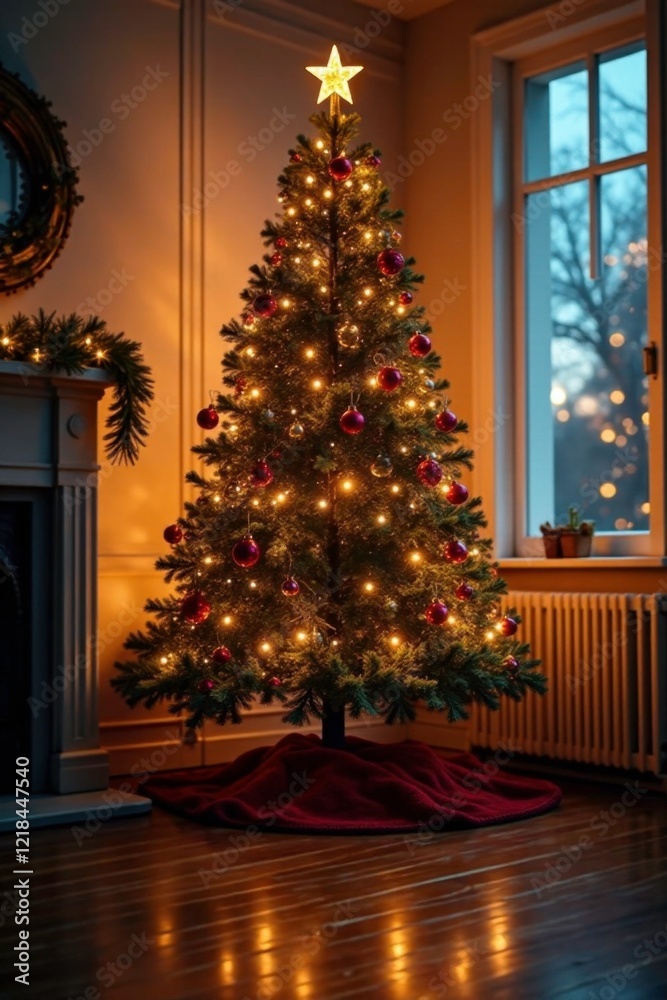 Glowing Christmas tree on wooden floor with ornaments and lights, festive, floor Glowing Christmas tree on wooden floor with ornaments and lights, festive, floor