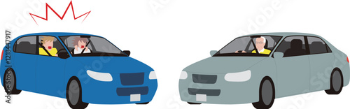 高齢男性のぼんやり運転と衝突しそうなカップルの車のイラスト