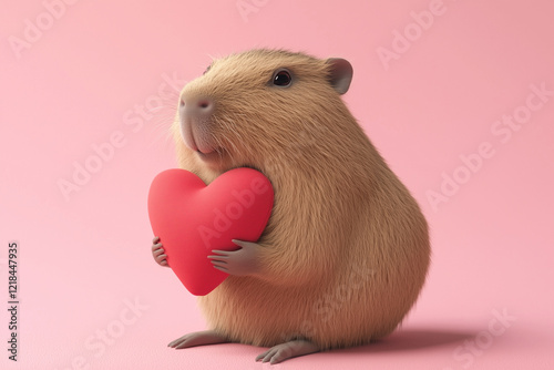 Cute Capybara Holding Red Heart Pillow Against a Pink Background
