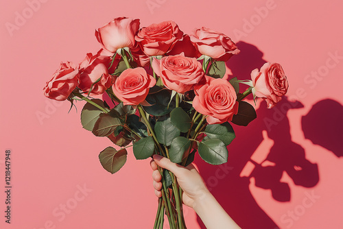 Woman Hand Holding a Bouquet of Pink Flowers Against Pink Background