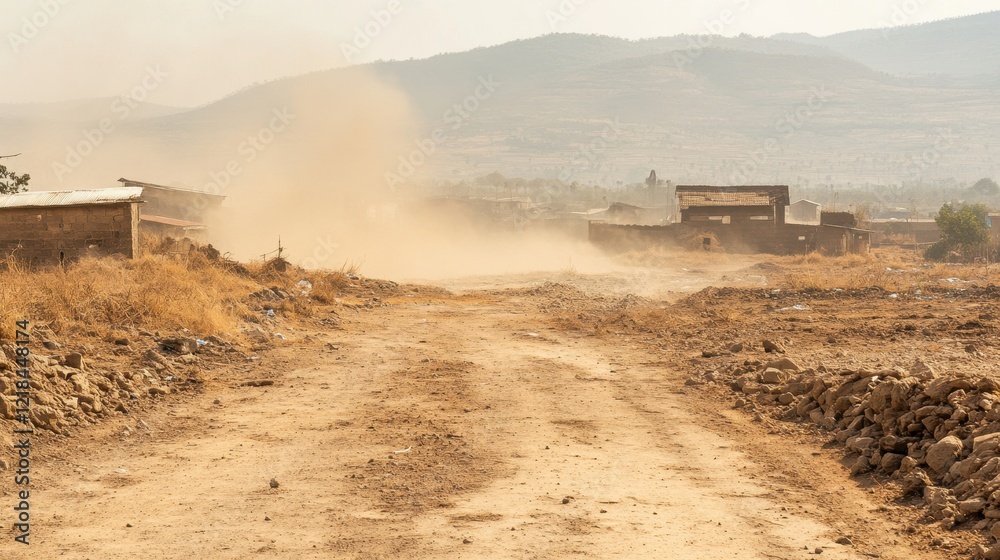 Fototapeta premium Dusty Road and Buildings: a dusty road leads toward simple buildings set against a backdrop of hills, with a haze of dust suggesting a dry and possibly remote location.