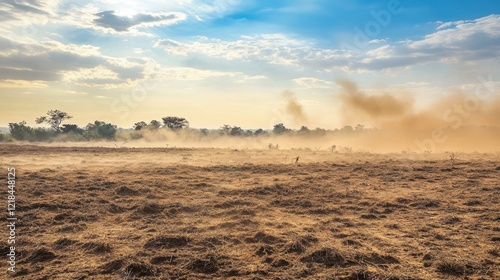 Dusty Plains: A vast and arid expanse of brown land stretches towards the horizon, where a haze of dust hangs in the air, with a dramatic sky featuring clouds.