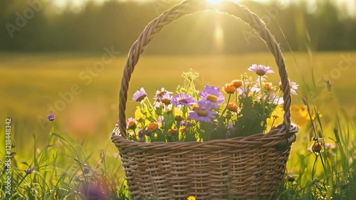 A basket full of flowers is sitting in a field