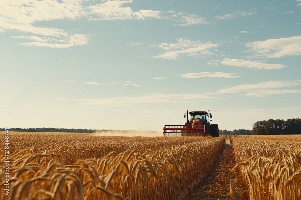 Fototapeta premium Tractor cutting wheat in vast golden field under clear blue sky, showcasing modern agriculture, harvest season, and rural farming technology in action.
