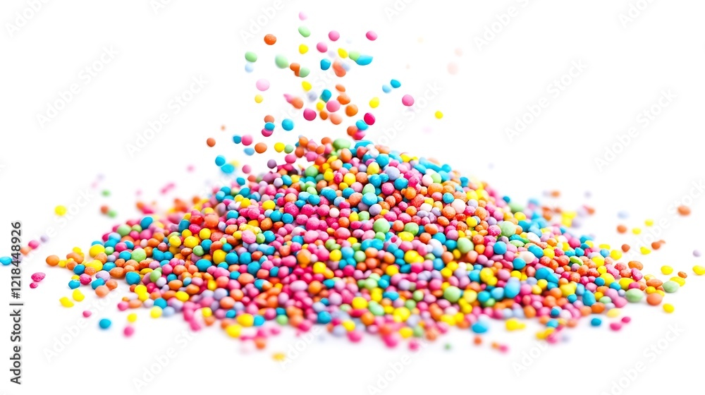 Fototapeta premium Rainbow Sprinkles Explosion: A vibrant burst of colorful sprinkles cascading onto a white background, creating a joyful and festive scene.