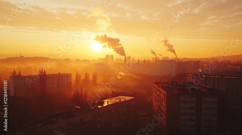 Industrial Dawn: A city awakens as the sun ascends, silhouetting buildings against a hazy, smoke-filled sky, highlighting the effects of industrialization and environmental change.