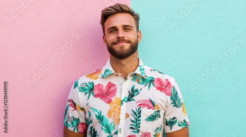 Hairstyle cut fashion concept. Young man with textured pompadour hairstyle wearing tropical floral shirt in studio setting