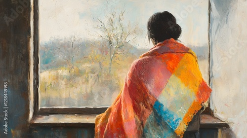 Front view of a woman draping a blanket over her shoulders while sitting by a window.