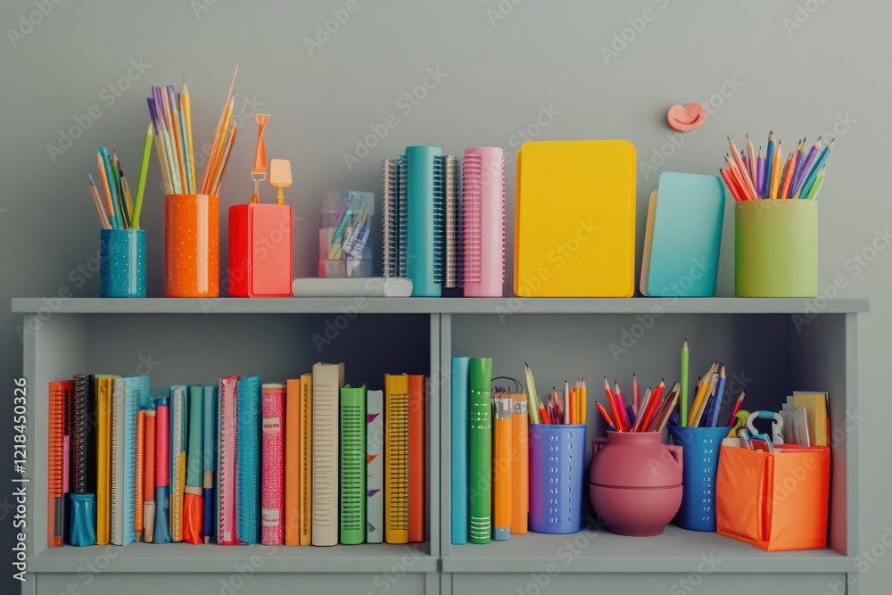 Fototapeta premium Colorful school supplies and books on shelves, organized study space, back to school