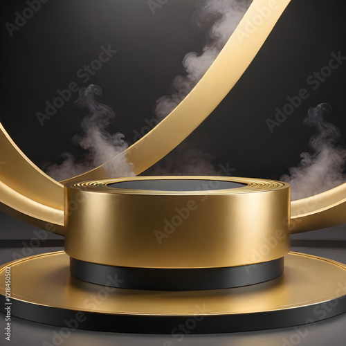 Exploration of gold and black cylindrical design with mist in a contemporary setting