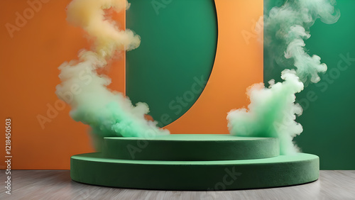 Vibrant artificial smoke surrounds circular podium in dynamic studio space