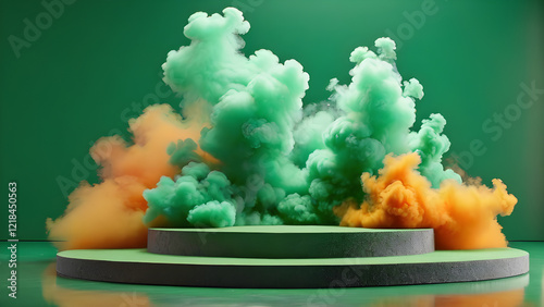 Colorful smoke billowing in vibrant hues above circular platforms in a studio setting