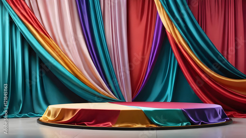 Colorful stage setup with vibrant drapery and circular platform for performances and events