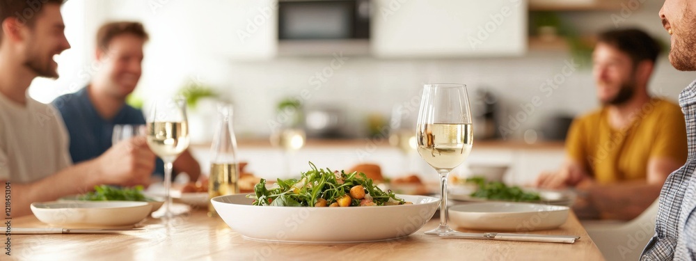 Cozy Dining Experience with Friends Enjoying Healthy Meals and White Wine in Modern Home Kitchen Setting Cozy Dining Experience with Friends Enjoying Healthy Meals and White Wine in Modern Home Kitchen Setting