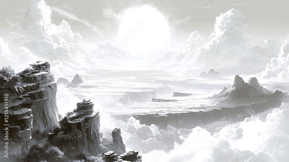 Obraz premium Majestic Monochromatic Landscape: A Serene High-Altitude View of Clouds and Mountains