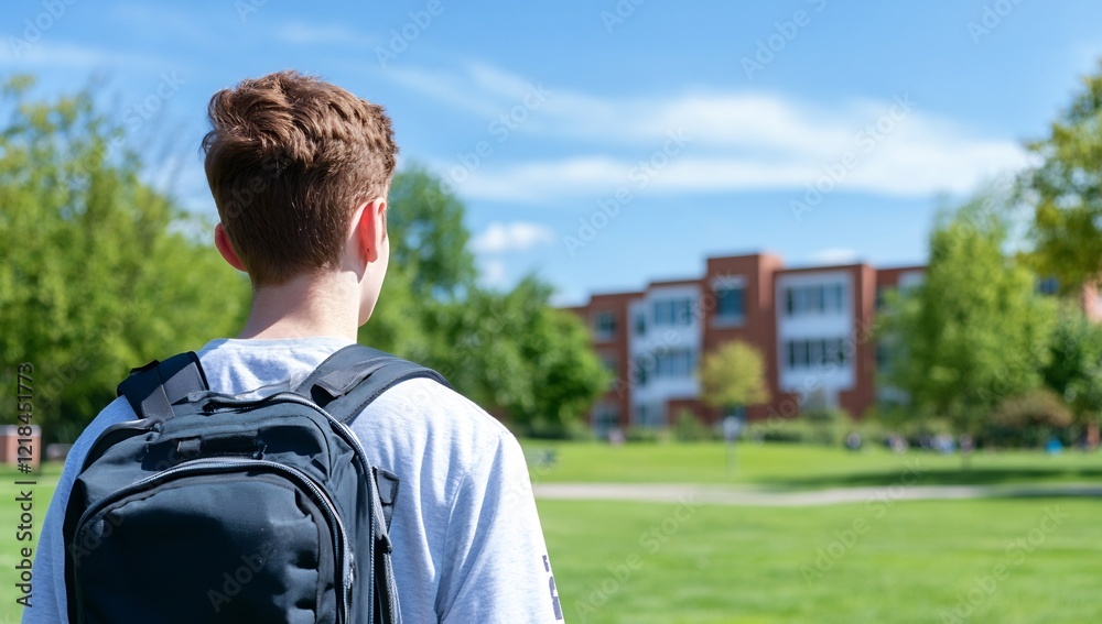 Student backpack campus building outdoors sunny day Student backpack campus building outdoors sunny day